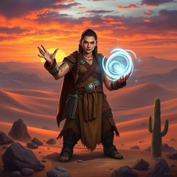 A female mountain dwarf with a muscular build, dressed in rugged, earth-toned robes adorned with runes