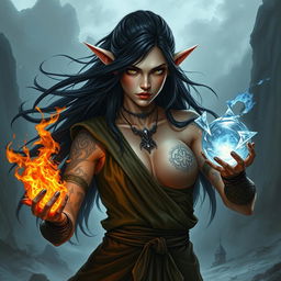 A fantasy style portrait of a tall female monk warrior, featuring pale skin, long black hair that flows dramatically, and numerous intricate Celtic tattoos adorning her arms and visible skin