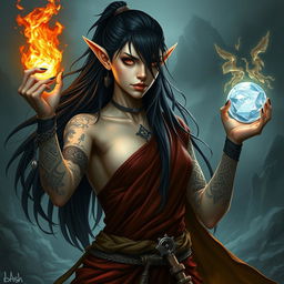A fantasy style portrait of a tall female monk warrior, featuring pale skin, long black hair that flows dramatically, and numerous intricate Celtic tattoos adorning her arms and visible skin