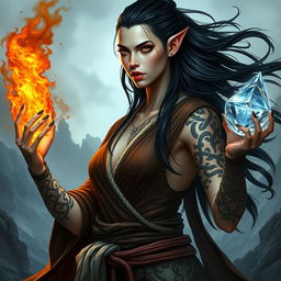 A fantasy style portrait of a tall female monk warrior, featuring pale skin, long black hair that flows dramatically, and numerous intricate Celtic tattoos adorning her arms and visible skin