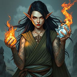 A fantasy style portrait of a tall female monk warrior, featuring pale skin, long black hair that flows dramatically, and numerous intricate Celtic tattoos adorning her arms and visible skin