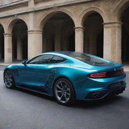 An Aquapunk Le Mans car, displaying a fusion of marine aesthetics with futuristic technology. The car is adorned with elements resembling underwater creatures, barnacle-laden surfaces, deep sea colors of dark blues and turquoise, and flowing, wave-like lines.