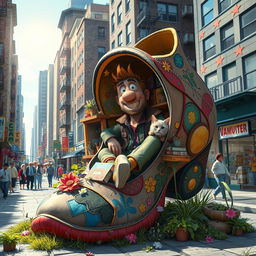 A whimsical and surreal scene depicting a hobo living inside a large, colorful shoe, surrounded by a vibrant urban environment
