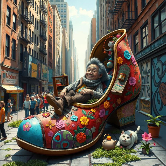 A whimsical and surreal scene depicting a hobo living inside a large, colorful shoe, surrounded by a vibrant urban environment