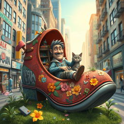 A whimsical and surreal scene depicting a hobo living inside a large, colorful shoe, surrounded by a vibrant urban environment