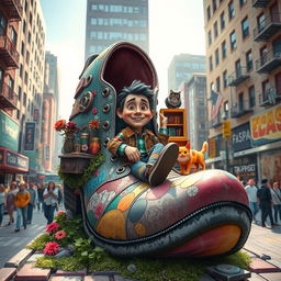 A whimsical and surreal scene depicting a hobo living inside a large, colorful shoe, surrounded by a vibrant urban environment