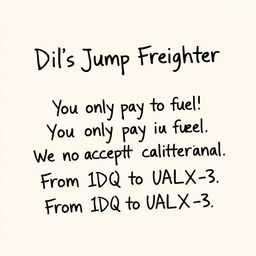 A poster design that appears handwritten, featuring the following text in a clear and legible style: 'Dil's Jump Freighter Service! You only pay for fuel