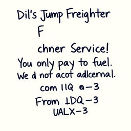 A poster design that appears handwritten, featuring the following text in a clear and legible style: 'Dil's Jump Freighter Service! You only pay for fuel