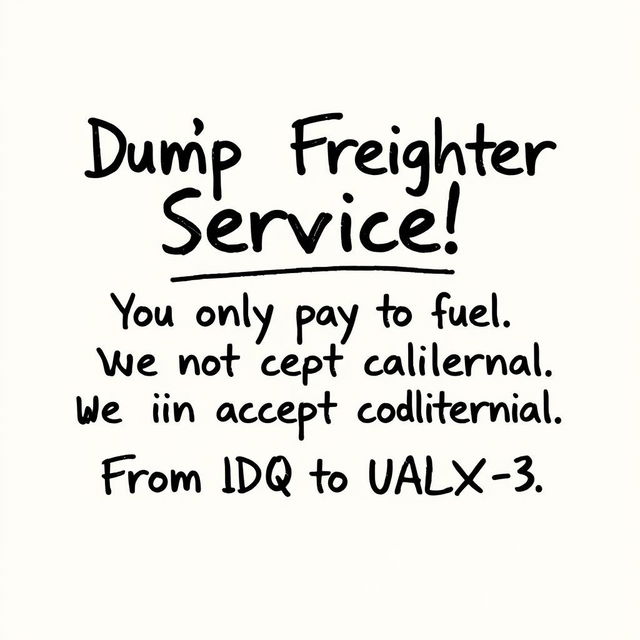 A poster design that appears handwritten, featuring the following text in a clear and legible style: 'Dil's Jump Freighter Service! You only pay for fuel