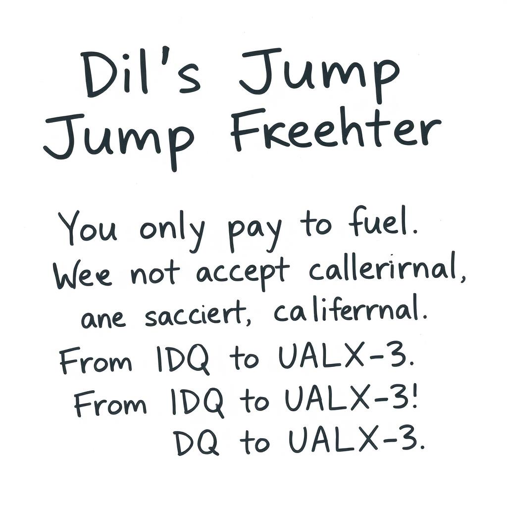 A poster design that appears handwritten, featuring the following text in a clear and legible style: 'Dil's Jump Freighter Service! You only pay for fuel