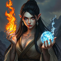 A fantasy style portrait of a tall female monk warrior, showcasing her pale skin and long, flowing black hair