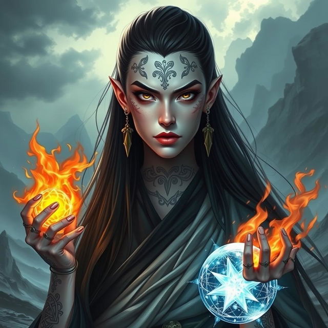 A fantasy style portrait of a tall female monk warrior, showcasing her pale skin and long, flowing black hair