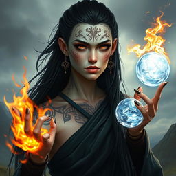 A fantasy style portrait of a tall female monk warrior, showcasing her pale skin and long, flowing black hair