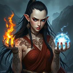 A fantasy style portrait of a tall female monk warrior, showcasing her pale skin and long, flowing black hair