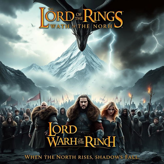 An epic movie poster for 'Lord of the Rings: Wrath of the North', featuring Erebor, the Lonely Mountain, in the background, embedded in mist and snow