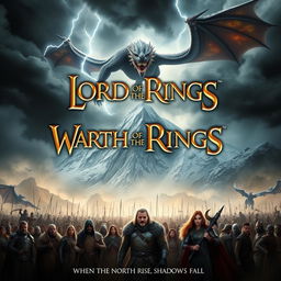 An epic movie poster for 'Lord of the Rings: Wrath of the North', featuring Erebor, the Lonely Mountain, in the background, embedded in mist and snow