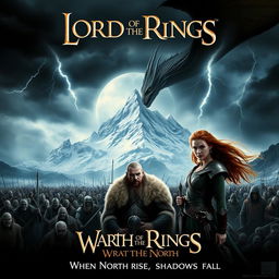 An epic movie poster for 'Lord of the Rings: Wrath of the North', featuring Erebor, the Lonely Mountain, in the background, embedded in mist and snow