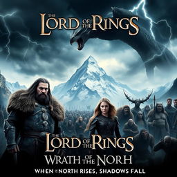 An epic movie poster for 'Lord of the Rings: Wrath of the North', featuring Erebor, the Lonely Mountain, in the background, embedded in mist and snow