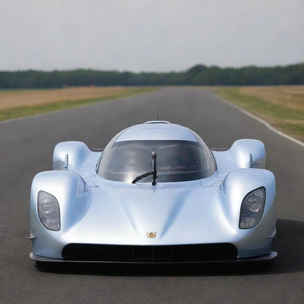 A Le Mans racing car from the 2100s, featuring advanced technologies not yet invented, with a sleek, aerodynamic design, glowing energy propulsion system, holographic displays, and a transparent cockpit revealing a highly automated interior