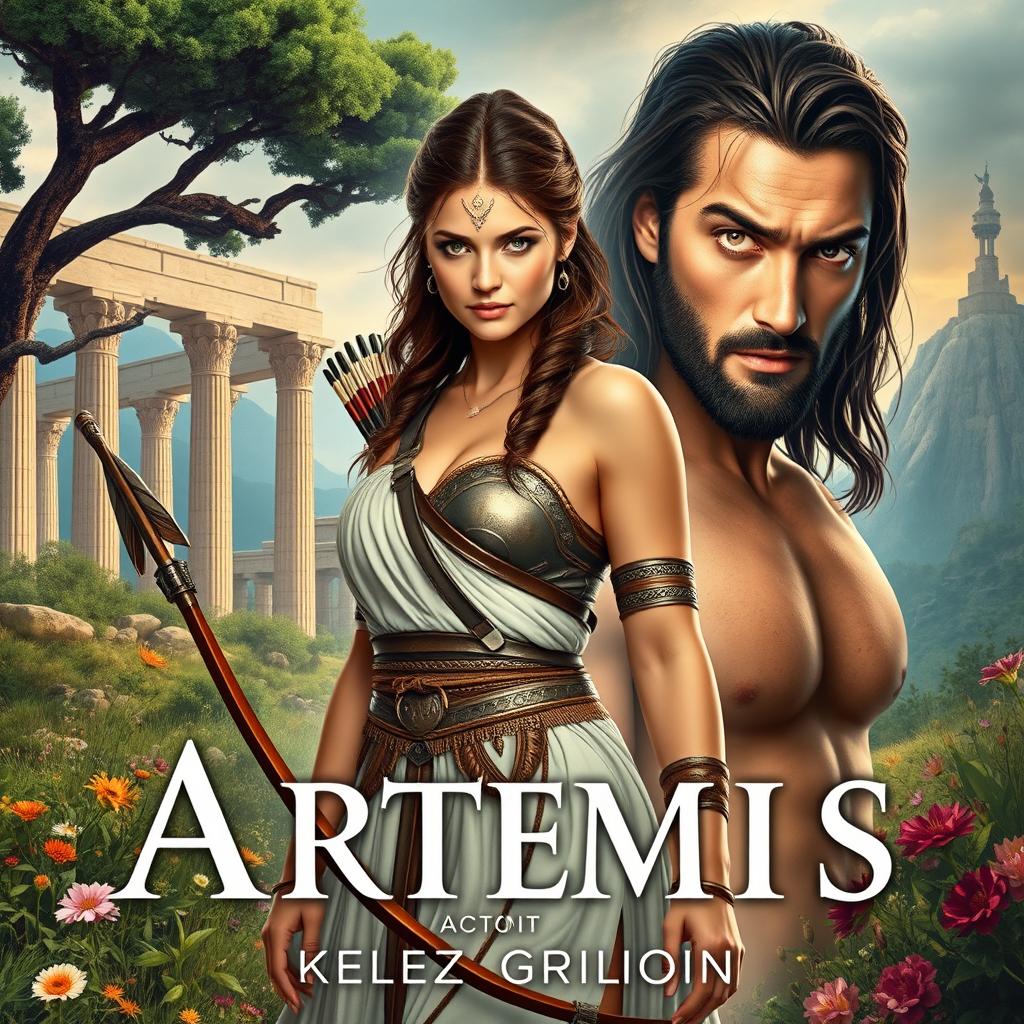 An evocative book cover depicting the modern-day goddess Artemis standing tall amidst the lush wilderness of Greece, her striking features reflecting determination and solitude