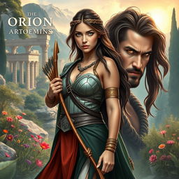 An evocative book cover depicting the modern-day goddess Artemis standing tall amidst the lush wilderness of Greece, her striking features reflecting determination and solitude