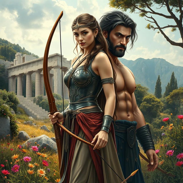 An evocative book cover depicting the modern-day goddess Artemis standing tall amidst the lush wilderness of Greece, her striking features reflecting determination and solitude