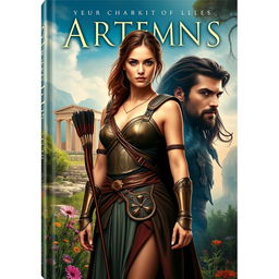 An evocative book cover depicting the modern-day goddess Artemis standing tall amidst the lush wilderness of Greece, her striking features reflecting determination and solitude