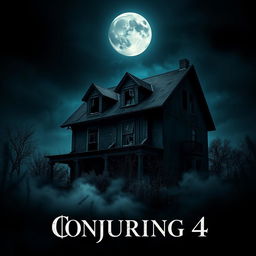 A chilling movie poster for "Conjuring 4," featuring dark, eerie imagery