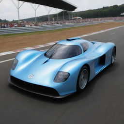 A Le Mans racing car from the 2100s, featuring advanced technologies not yet invented, with a sleek, aerodynamic design, glowing energy propulsion system, holographic displays, and a transparent cockpit revealing a highly automated interior