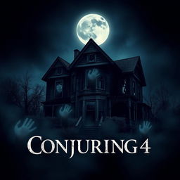 A chilling movie poster for "Conjuring 4," featuring dark, eerie imagery