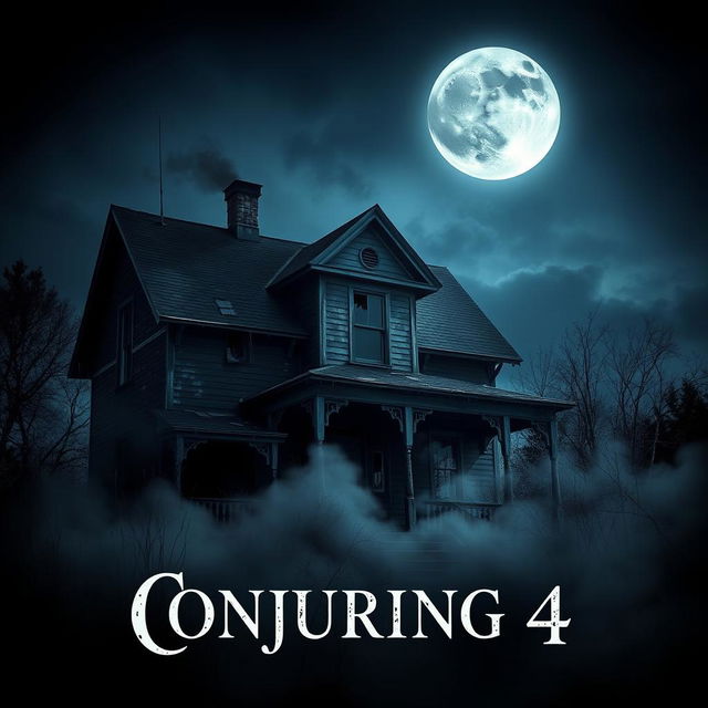 A chilling movie poster for "Conjuring 4," featuring dark, eerie imagery