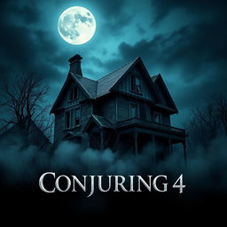 A chilling movie poster for "Conjuring 4," featuring dark, eerie imagery