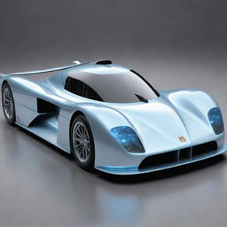 A Le Mans racing car from the 2100s, featuring advanced technologies not yet invented, with a sleek, aerodynamic design, glowing energy propulsion system, holographic displays, and a transparent cockpit revealing a highly automated interior