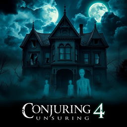 A captivating movie poster for "Conjuring 4," designed to evoke fear and intrigue