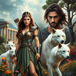 An evocative book cover depicting the modern-day goddess Artemis standing tall amidst the lush wilderness of Greece, her striking features reflecting determination and solitude