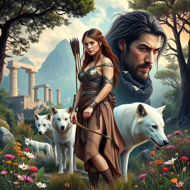 An evocative book cover depicting the modern-day goddess Artemis standing tall amidst the lush wilderness of Greece, her striking features reflecting determination and solitude