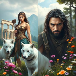 An evocative book cover depicting the modern-day goddess Artemis standing tall amidst the lush wilderness of Greece, her striking features reflecting determination and solitude