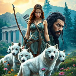 An evocative book cover depicting the modern-day goddess Artemis standing tall amidst the lush wilderness of Greece, her striking features reflecting determination and solitude