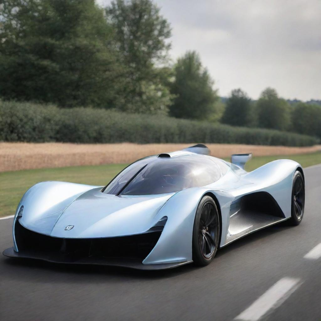 A Le Mans racing car from the 2050s, combining elements of futuristic design with clean energy technologies. Showcasing a seamless, aerodynamic shape, nano-material finishes, holographic elements, and a visible electric propulsion system