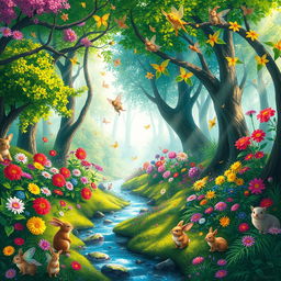 Create a vibrant and colorful digital painting of a whimsical forest filled with fantastical creatures