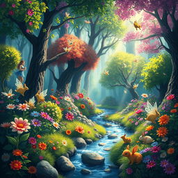 Create a vibrant and colorful digital painting of a whimsical forest filled with fantastical creatures