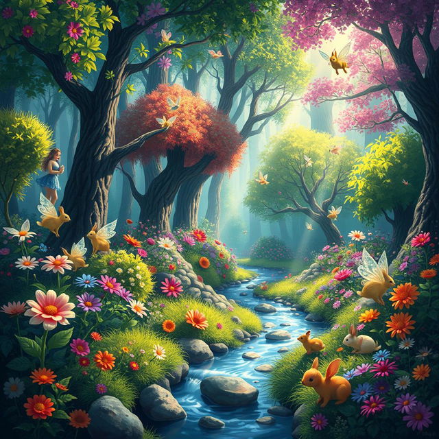 Create a vibrant and colorful digital painting of a whimsical forest filled with fantastical creatures