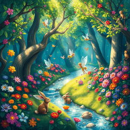 Create a vibrant and colorful digital painting of a whimsical forest filled with fantastical creatures