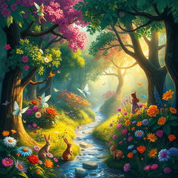 Create a vibrant and colorful digital painting of a whimsical forest filled with fantastical creatures