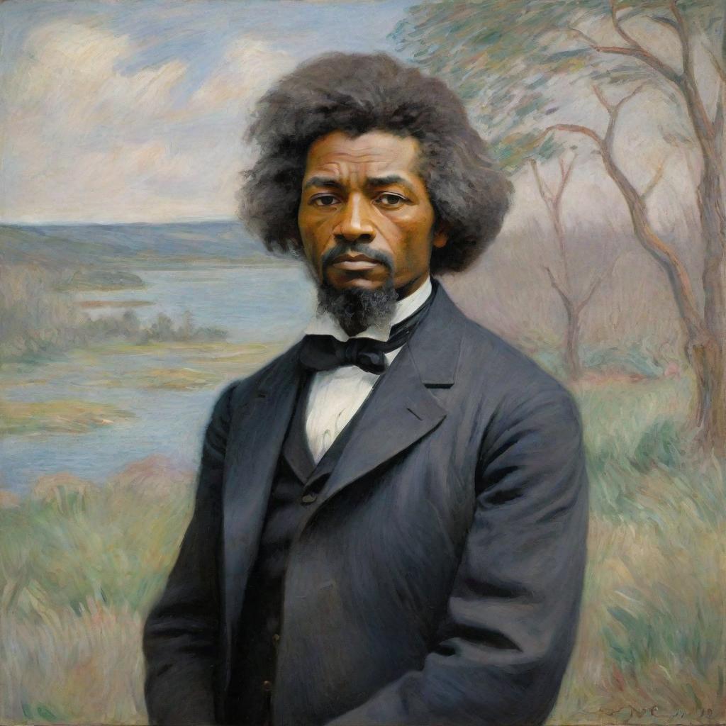 Capture a young Frederick Douglass looking out into the distance, his eyes reflecting a yearning for freedom, painted in Claude Monet’s impressionistic style. The vibrant, textured strokes of the landscape echo his hopeful vision and determined spirit.