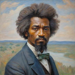 Capture a young Frederick Douglass looking out into the distance, his eyes reflecting a yearning for freedom, painted in Claude Monet’s impressionistic style. The vibrant, textured strokes of the landscape echo his hopeful vision and determined spirit.