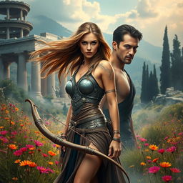 An evocative book cover set in modern-day Greece, where the goddess Artemis stands alone amidst the lush, vibrant wilderness