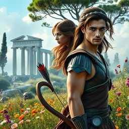 An evocative book cover set in modern-day Greece, where the goddess Artemis stands alone amidst the lush, vibrant wilderness