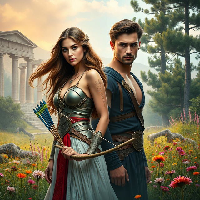 An evocative book cover set in modern-day Greece, where the goddess Artemis stands alone amidst the lush, vibrant wilderness