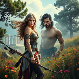An evocative book cover set in modern-day Greece, where the goddess Artemis stands alone amidst the lush, vibrant wilderness